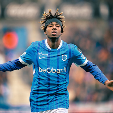 Genk's Noah Adedeji-Sternberg celebrates after scoring during a soccer match between KRC Genk and KAA Gent, Sunday 01 March 2026 in Genk, on day 27 of the 2025-2026 'Jupiler Pro League' first division of the Belgian championship. BELGA PHOTO JOHAN EYCKENS