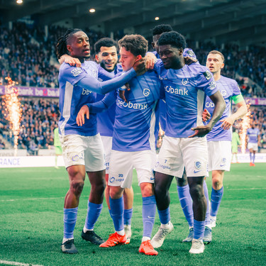 Genk's Konstantinos Karetsas celebrates after scoring during a soccer match between KRC Genk and KAA Gent, Sunday 30 March 2025 in Gent, on day 1 (out of 10) of the Champions' Play-offs of the 2024-2025 'Jupiler Pro League' first division of the Belgian championship. BELGA PHOTO VIRGINIE LEFOUR