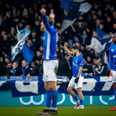Genk's Zakaria El Ouahdi celebrates during a soccer match between KVC Westerlo and KRC Genk, Saturday 25 January 2025 in Westerlo, on day 23 of the 2024-2025 season of the 'Jupiler Pro League' first division of the Belgian championship. BELGA PHOTO KRISTOF VAN ACCOM