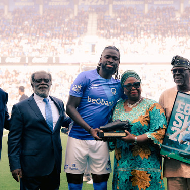 Genk's Tolu Toluwalase Arokodare and ebony shoe pictured during a soccer match between KRC Genk and RSC Anderlecht, Sunday 25 May 2025 in Genk, on day 10 (out of 10) of the Champions' Play-offs of the 2024-2025 'Jupiler Pro League' first division of the Belgian championship. BELGA PHOTO JILL DELSAUX