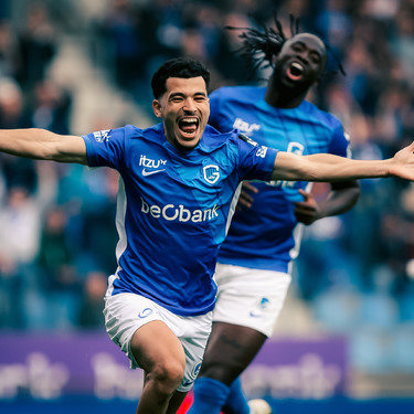 Genk's Zakaria El Ouahdi celebrates after scoring during a soccer match between KRC Genk and RSC Anderlecht, Sunday 25 May 2025 in Genk, on day 10 (out of 10) of the Champions' Play-offs of the 2024-2025 'Jupiler Pro League' first division of the Belgian championship. BELGA PHOTO KRISTOF VAN ACCOM