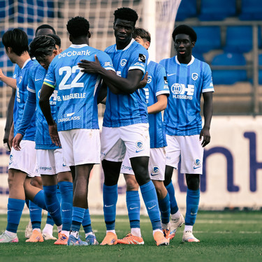 Jong Genk's Aaron Bibout celebrates after scoring during a soccer game between Jong Genk and Royal Francs Borains, Saturday 18 October 2025 in Geel, on day 10 of the 2025-2026 'Challenger Pro League' 1B second division of the Belgian championship. BELGA PHOTO JOHAN EYCKENS