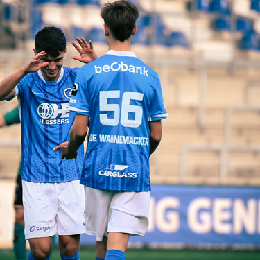 Jong Genk's Luca Oyen and Jong Genk's August De Wannemacker celebrate after scoring during a soccer game between Jong Genk and Royal Francs Borains, Saturday 18 October 2025 in Geel, on day 10 of the 2025-2026 'Challenger Pro League' 1B second division of the Belgian championship. BELGA PHOTO JOHAN EYCKENS