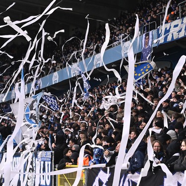 Fans throw toilet paper on the pitch at a soccer match between KRC Genk and KV Mechelen, Sunday 23 November 2025 in Genk, a game of day 15 of the 2025-2026 'Jupiler Pro League' first division of the Belgian championship. BELGA PHOTO JOHAN EYCKENS