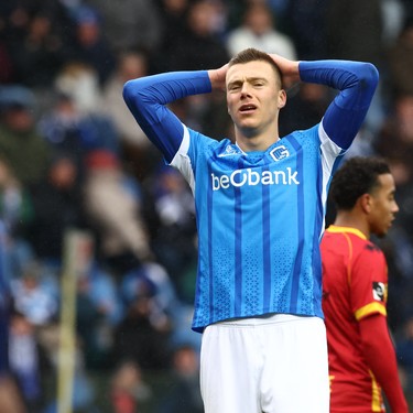 Genk's Daan Heymans reacts during a soccer match between KRC Genk and KV Mechelen, Sunday 23 November 2025 in Genk, a game of day 15 of the 2025-2026 'Jupiler Pro League' first division of the Belgian championship. BELGA PHOTO BRUNO FAHY