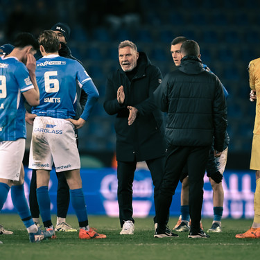 Genk's players look dejected after losing a soccer game between KRC Genk and RSC Anderlecht, in the 1/8 final of the Croky Cup Belgian cup, Thursday 04 December 2025 in Genk. BELGA PHOTO JOHAN EYCKENS