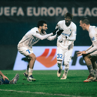 Genk's Zakaria El Ouahdi celebrates after scoring during a soccer game between GNK Dinamo Zagreb and Belgian soccer team KRC Genk, Thursday 19 February 2026 in Zagreb, Croatia, in the play-off for the knockout phase of the UEFA Europa League tournament. BENELUX ONLYBELGA PHOTO MARKO LUKUNIC