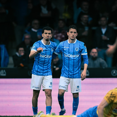 Genk's Zakaria El Ouahdi and Genk's Konstantinos Kos Karetsas celebrate after scoring during a soccer match between KVC Westerlo and KRC Genk, Saturday 18 April 2026 in Westerlo, on the third day of the Europe Play-offs (PO2) of the 2025-2026 'Jupiler Pro League' first division of the Belgian championship. BELGA PHOTO JOHAN EYCKENS