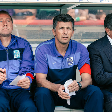 20110820 - BRUGGE, BELGIUM: (L-R) Genk's interim head coach Pierre Denier, Genk's keeper trainer Guy Martens and Genk's team manager Tony Greco pictured during the Jupiler Pro League match between Cercle Brugge K.S.V. and KRC Genk, in Brugge, Saturday 20 August 2011, on the 4th day of the Belgian soccer championship.BELGA PHOTO PETER DECONINCK